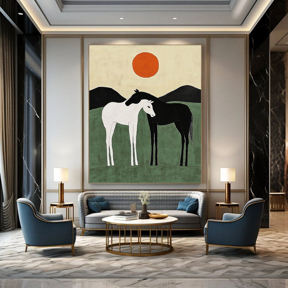 Contemporary abstract art featuring two minimalist horses against green hills with orange suns, capturing harmony through simple shapes and lines. DLZ1141
