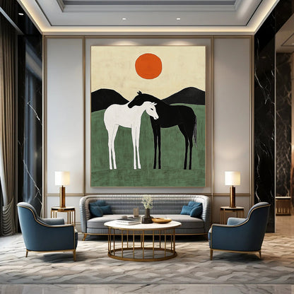 Contemporary abstract art featuring two minimalist horses against green hills with orange suns, capturing harmony through simple shapes and lines. DLZ1141