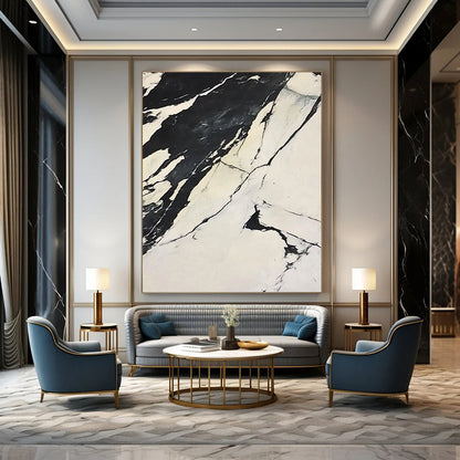 Contemporary abstract artwork featuring high-contrast black and white marble design with flowing forms on a snowy backdrop inspired by Claude Monet. DLZ1544