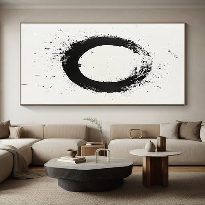 Black Circular Brushstroke with Splatter & Drip - “Classic Enso Expression” Painting On Canvas HB250