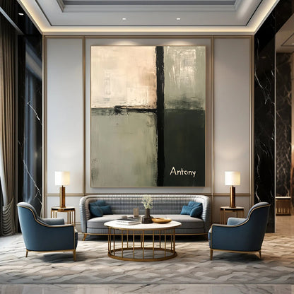 Contemporary abstract painting in neutral sage green and gray tones featuring a central tall vertical bar and the name Antony in the bottom corner. DLZ0434
