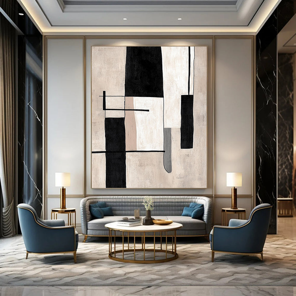 Contemporary hand-painted abstract artwork featuring minimalist black and white lines and simple shapes on a beige background. DLZ1394