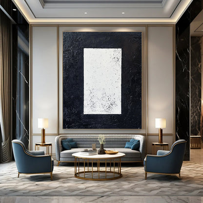 Contemporary hand-painted abstract art featuring a white rectangle on a textured black background creating a striking minimalist monochrome effect. DLZ1520