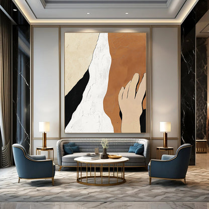 Large contemporary hand-painted abstract artwork featuring minimalistic design in beige, white, and black with textured skin tones and a peaceful aesthetic. DLZ0910