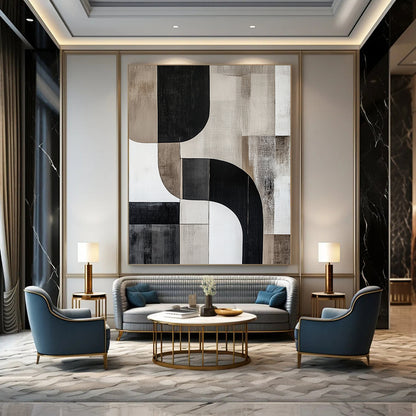 Contemporary abstract artwork features curved shapes and lines in cool grays with striking contrasts, creating a minimalist depth without any text. DLZ0856