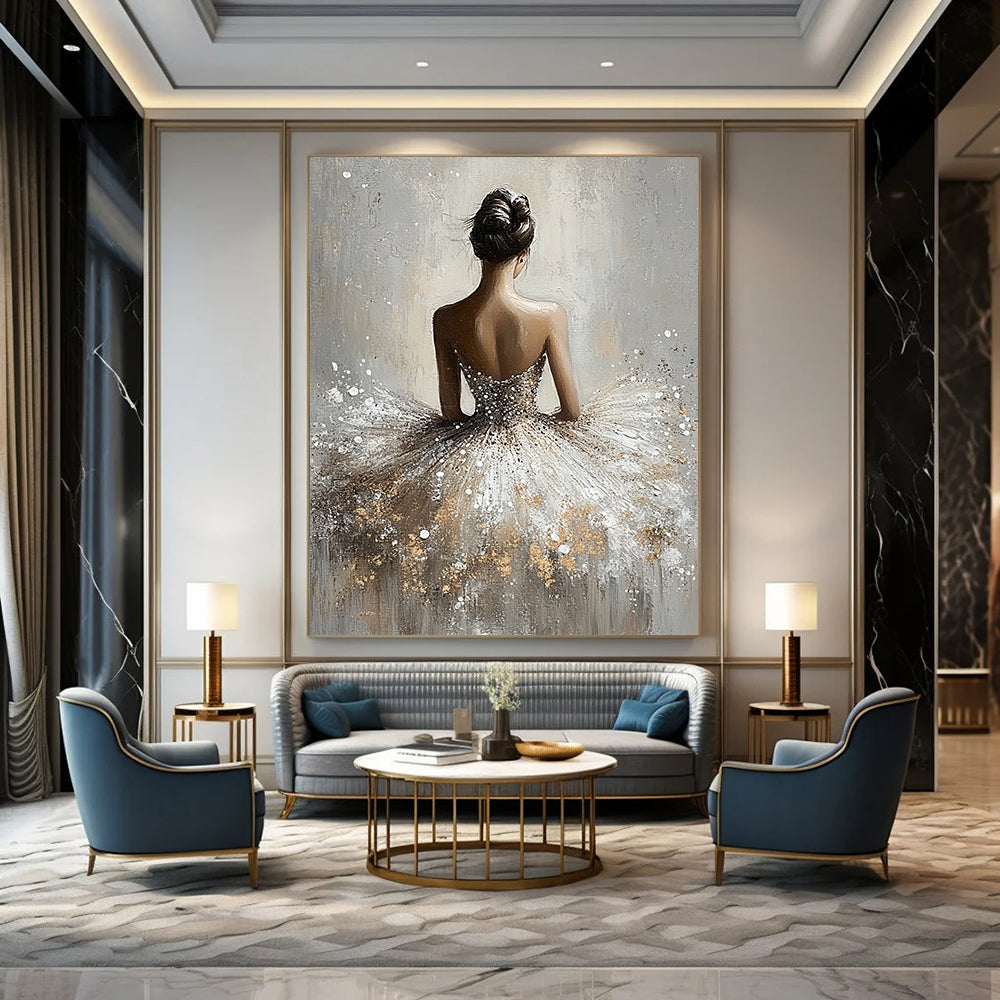Contemporary abstract painting featuring a graceful ballerina in a shimmering dress with a soft grey background and ethereal romantic lighting. DLZ1663