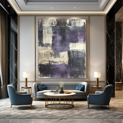 Contemporary abstract painting features urban landscape in grey and purple tones with distressed textures and vintage papers for a unique artistic touch. DLZ0589