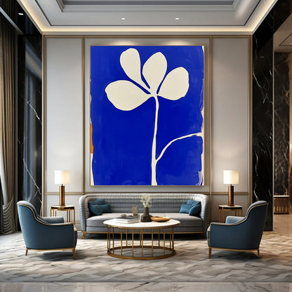 Large contemporary abstract painting featuring blue and white minimalist flower shapes in the style of Matisse with block print aesthetics. DLZ1154