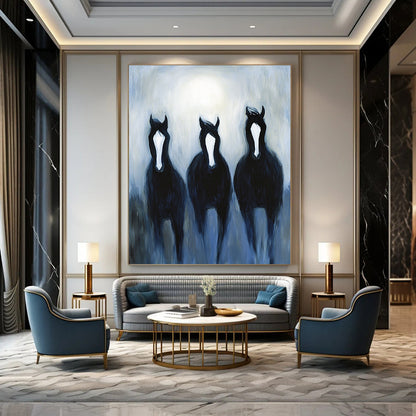 Contemporary hand-painted abstract art features three black horses with white stripes galloping in moonlight against a misty night backdrop. DLZ1713
