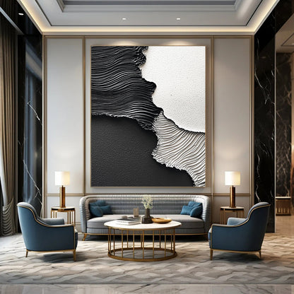 Contemporary hand-painted abstract art featuring dynamic black paint waves on textured paper showcasing intricate details and high-resolution depth. DLZ1538