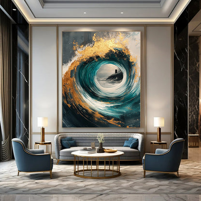 Contemporary abstract painting with gold and teal swirls, magical windows, on a textured gray canvas, perfect for modern decor. DLZ0370