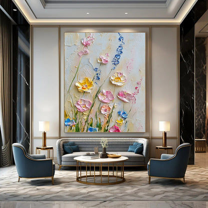Contemporary hand-painted abstract artwork showcases delicate wildflowers in pastel pinks yellows and blues against a crisp white background. DLZ1246