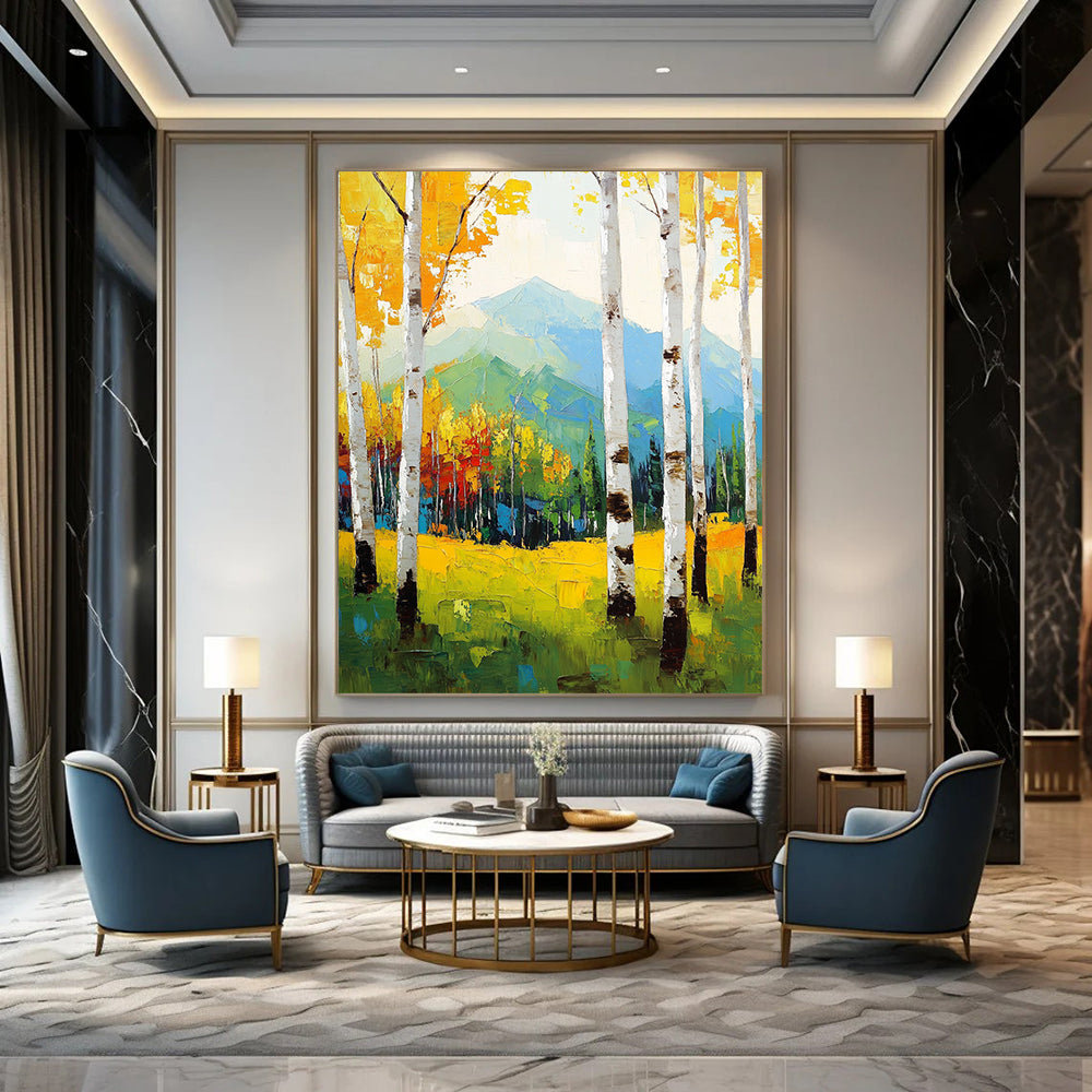 Large contemporary hand-painted abstract artwork featuring birch trees in vibrant spring colors against a mountain backdrop with expressive brushstrokes. DLZ1100
