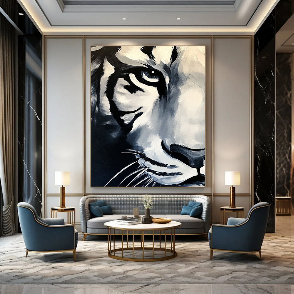 Contemporary abstract painting featuring a white tiger's face in dark tones against a grey background with vibrant brush strokes on canvas. DLZ1567