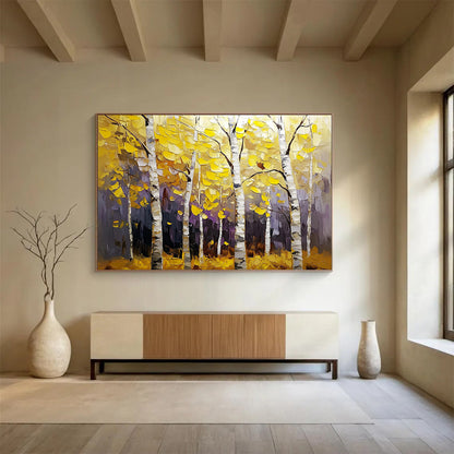 “Colorful Autumn Birch Forest” - Yellows, Purples, Browns, White, Birch Forest - Textured Oil Painting HB1583