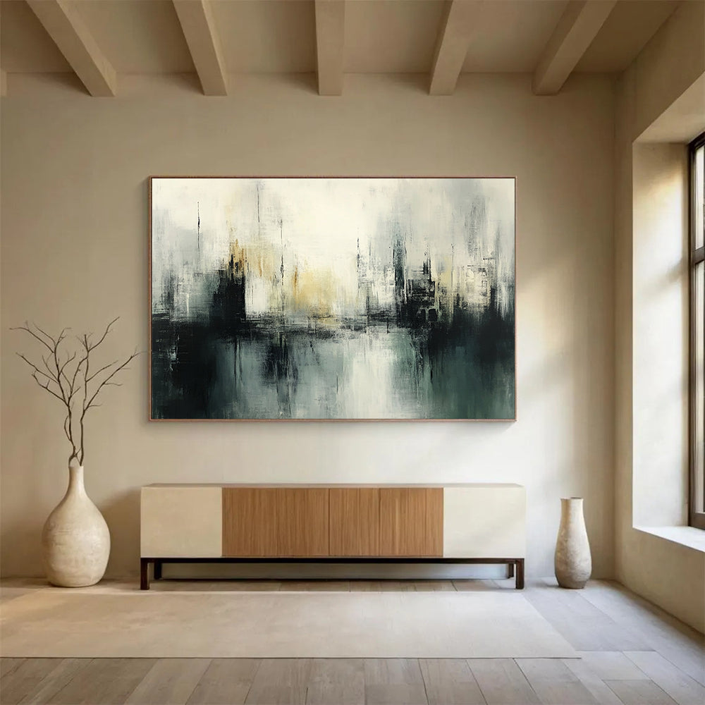 “Misty Urban Silhouette” - Gray, Black, White, Abstract Cityscape - Acrylic Painting HB1479