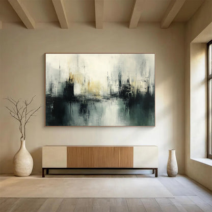 “Misty Urban Silhouette” - Gray, Black, White, Abstract Cityscape - Acrylic Painting HB1479