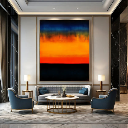 Contemporary hand-painted abstract art showcasing an orange and blue gradient sunset over the ocean with low contrast and dark colors for a blurred effect. DLZ0538
