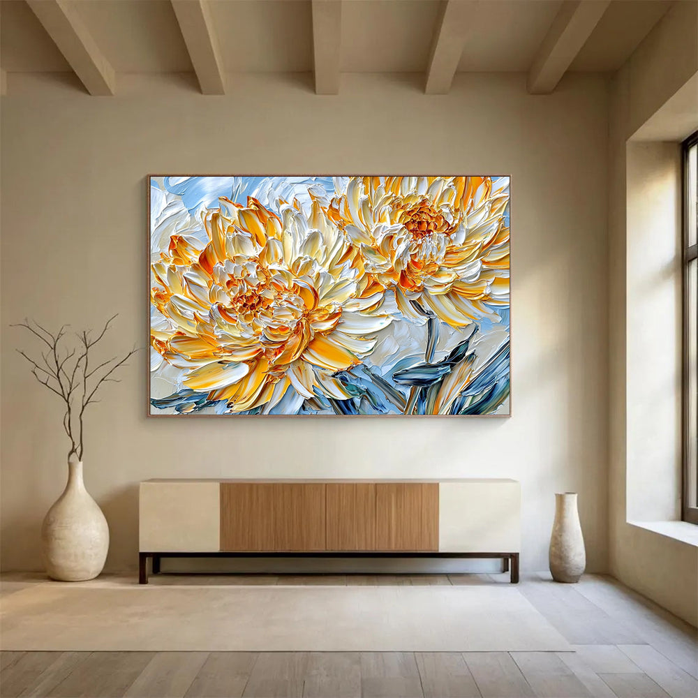 Yellow, White, Orange and Blue Textured Flower "Sunny Petals" Painting On Canvas HB0657