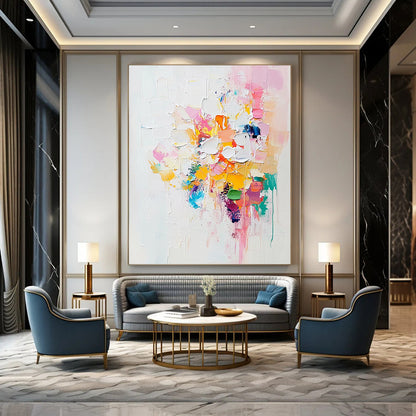 Contemporary hand-painted abstract artwork with white and pastel colors enriched by vibrant accents and thick impasto brushstrokes. DLZ0519