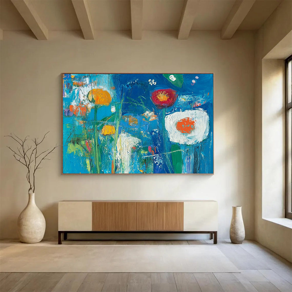 “Blue Floral Abstract” - Blue, Colorful Flowers, Abstract Garden HB1140