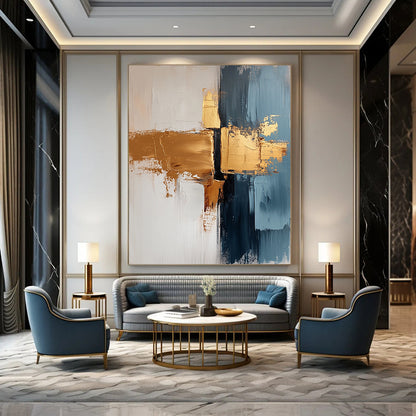 Contemporary abstract painting features a white background with gold and gray brush strokes delivering tranquility and elegance suitable for living room or bedroom decor. DLZ0689