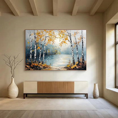 “Autumn Birch Lake” - Yellows, Blues, Whites, Birch Trees by a Lake in Autumn - Textured Oil Painting HB1707