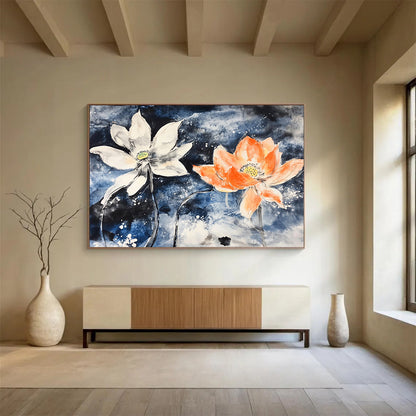 “Lotus Flowers In Blue” - Blue, White, Orange, Ink - Wash Floral Painting On Canvas HB0680