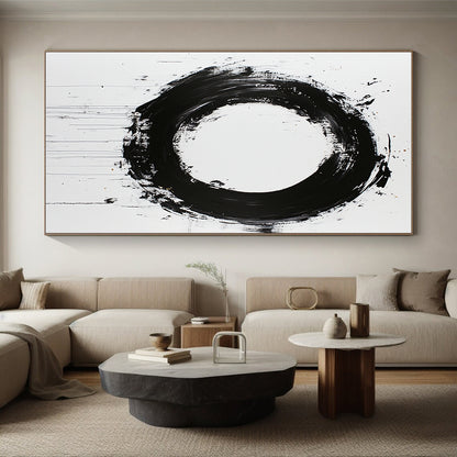 White, Black and Gold Abstract Circle "Zen Enso" Painting On Canvas HB365