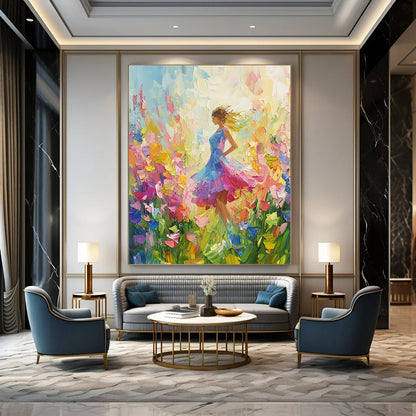 Vibrant contemporary abstract painting featuring colorful wildflowers with a palette knife technique against a soft-hued background. Perfect for brightening any space. DLZ1570