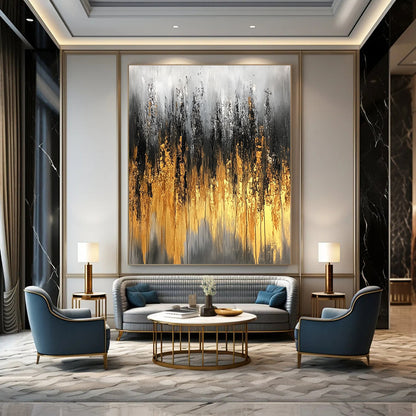 Large contemporary abstract painting featuring gray and gold tones with textured brushstrokes and delicate light effects on a soft background. DLZ0746
