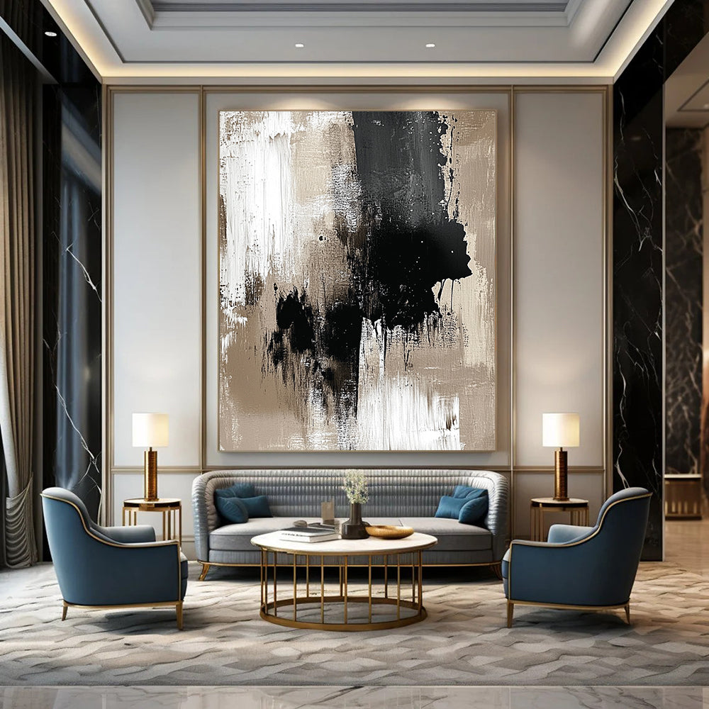 Contemporary hand-painted abstract art featuring a neutral palette of beige and black with monochromatic ink splashes for minimalist elegance. DLZ0929