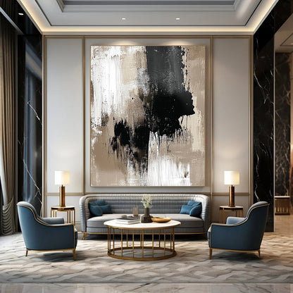 Contemporary hand-painted abstract art featuring a neutral palette of beige and black with monochromatic ink splashes for minimalist elegance. DLZ0929