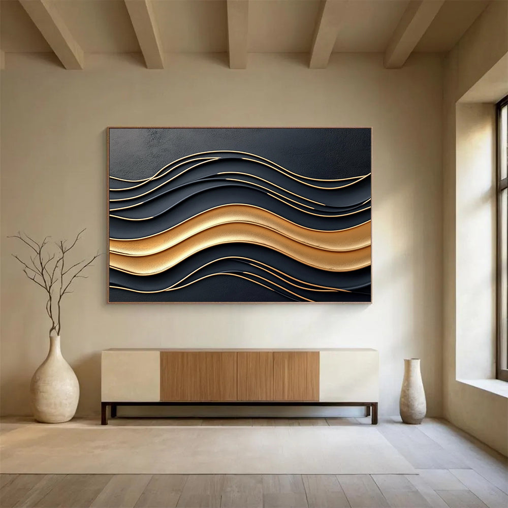 “3D Black - Gold Wavy Relief” - Black, Gold, 3D Wavy Textures Painting On Canvas HB0795