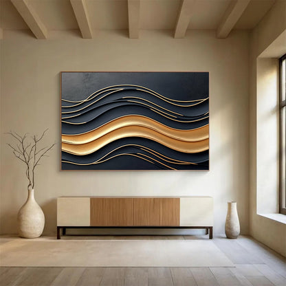 “3D Black - Gold Wavy Relief” - Black, Gold, 3D Wavy Textures Painting On Canvas HB0795