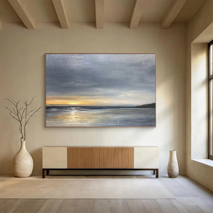 “Moody Seaside Sunset” - Grays, Oranges, Silvers, Coastal Sunset - Minimalist Oil Painting HB1689