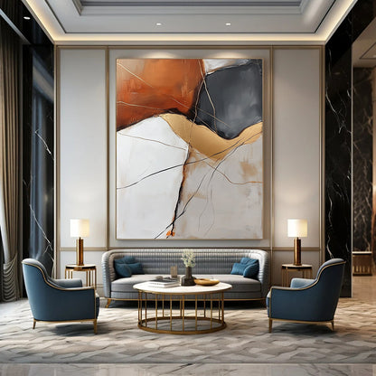 Contemporary hand-painted abstract artwork featuring an orange white grey rock with golden veins and delicate black lines enhancing visual depth. DLZ0963