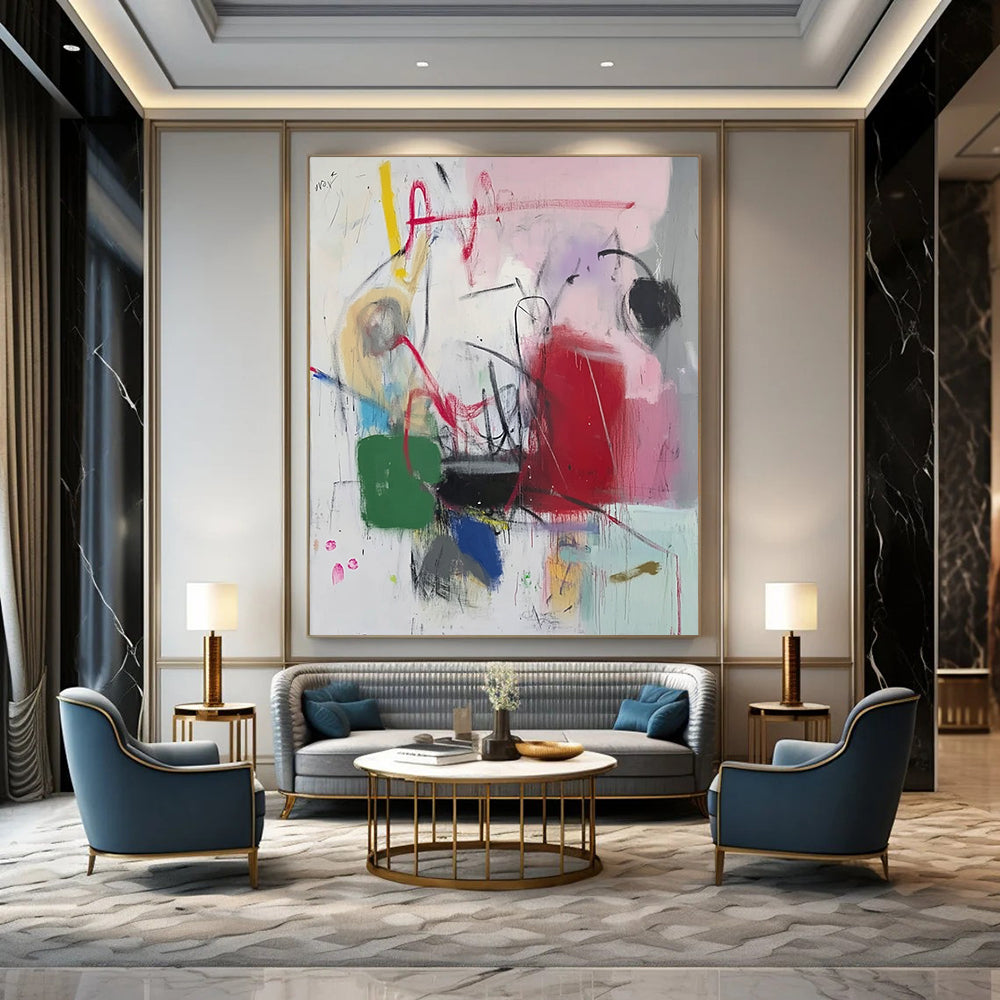 Bold contemporary abstract artwork featuring vibrant pink red green blue white black purple yellow orange hues with expressive scribbles and graffiti elements. DLZ1049
