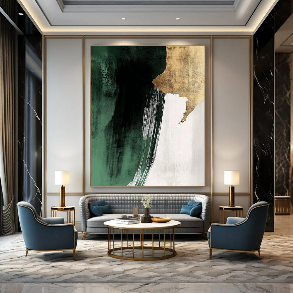 Contemporary hand-painted abstract art featuring dark green and white brushstrokes with gold foil and striking negative space in a minimalist style. DLZ1623