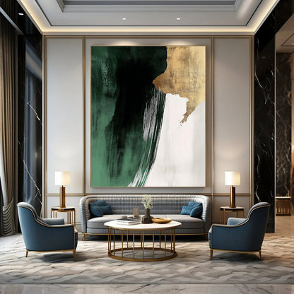 Contemporary hand-painted abstract art featuring dark green and white brushstrokes with gold foil and striking negative space in a minimalist style. DLZ1623