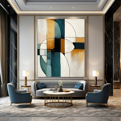 Contemporary large hand-painted abstract artwork featuring vibrant colors and dynamic shapes, perfect for modern spaces and artistic expression. DLZ1773