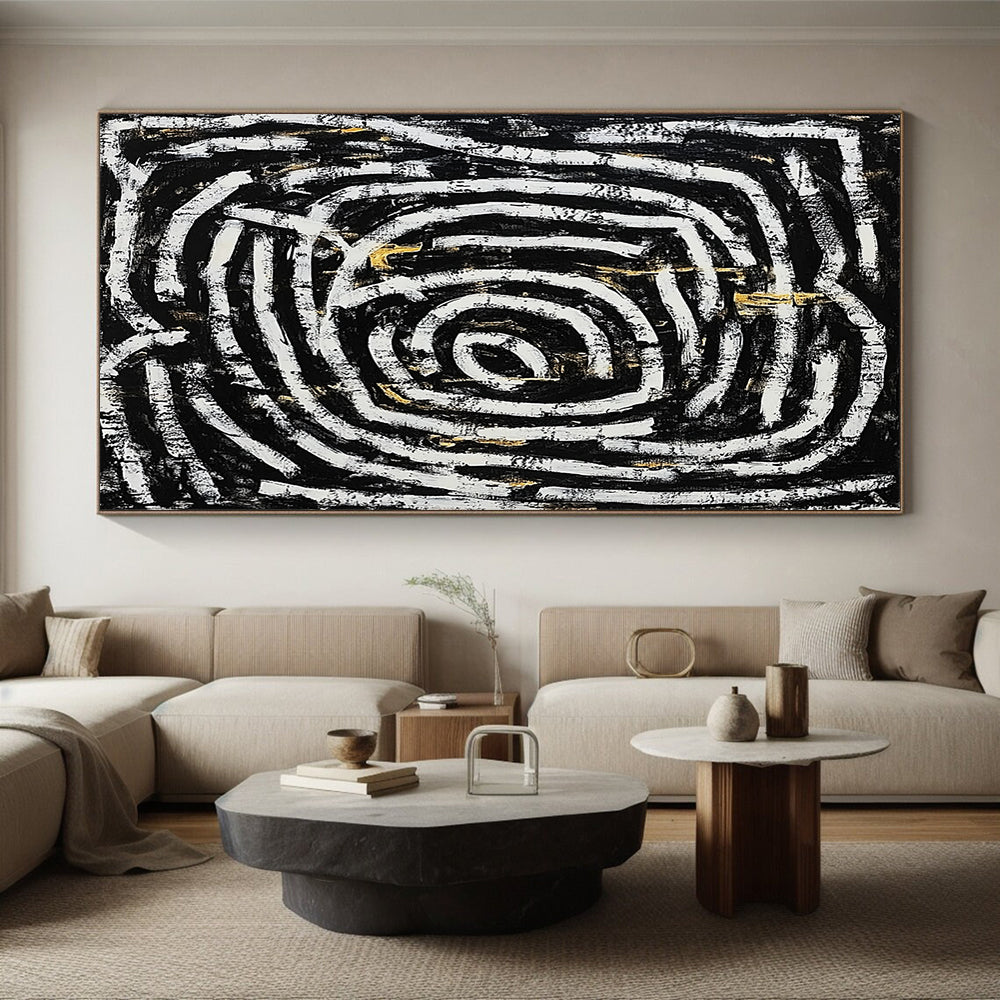 Black, White, Gold and Gray Spiral Maze "Endless Journey" Painting On Canvas HB344