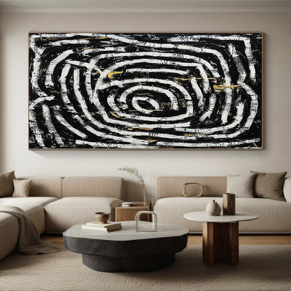 Black, White, Gold and Gray Spiral Maze "Endless Journey" Painting On Canvas HB344