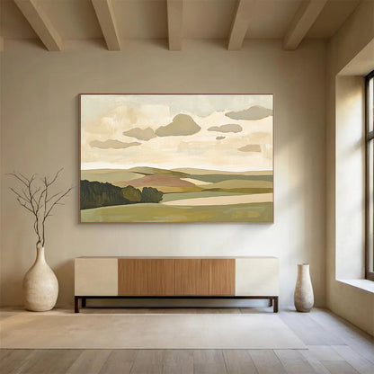 “Softly Painted Landscape” - Green, beige, pink, blue, Minimalist Landscape Painting HB0622
