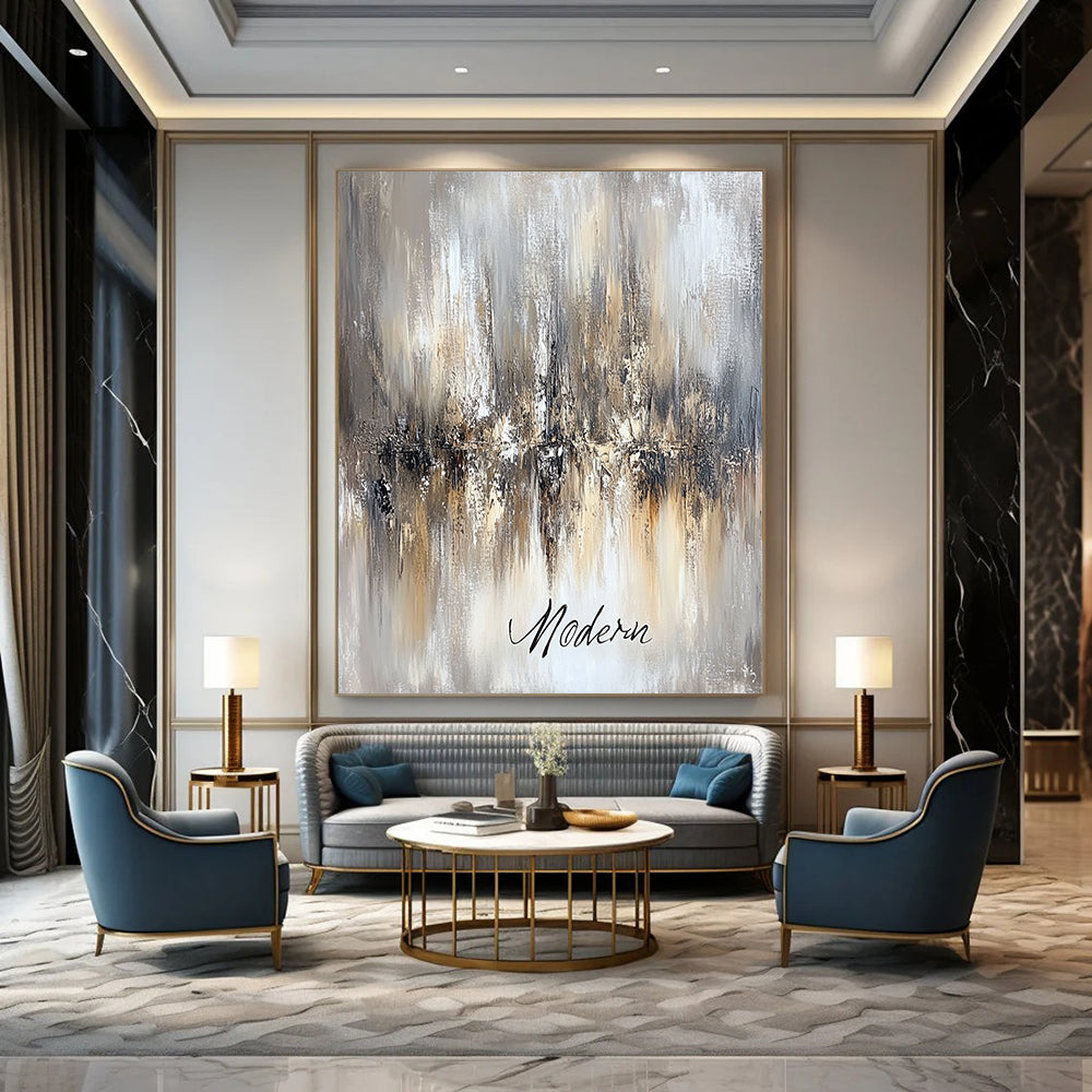 Contemporary abstract artwork featuring an ethereal chandelier in beige and grey tones with "Modern" in cursive on a canvas-textured background. DLZ0457