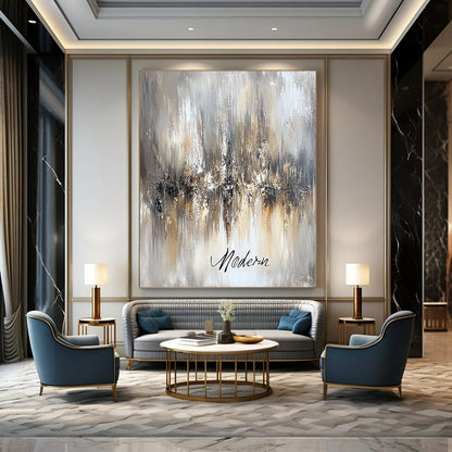 Contemporary abstract artwork featuring an ethereal chandelier in beige and grey tones with "Modern" in cursive on a canvas-textured background. DLZ0457