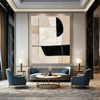 Contemporary abstract artwork featuring minimalist black and white shapes on a neutral beige background, emphasizing simple lines and modern elegance. DLZ1603