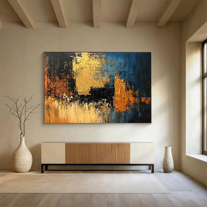 “Blue Gold Abstract” - Blue, black, gold, orange; Textured geometric abstract; Acrylic Painting On Canvas HB1212