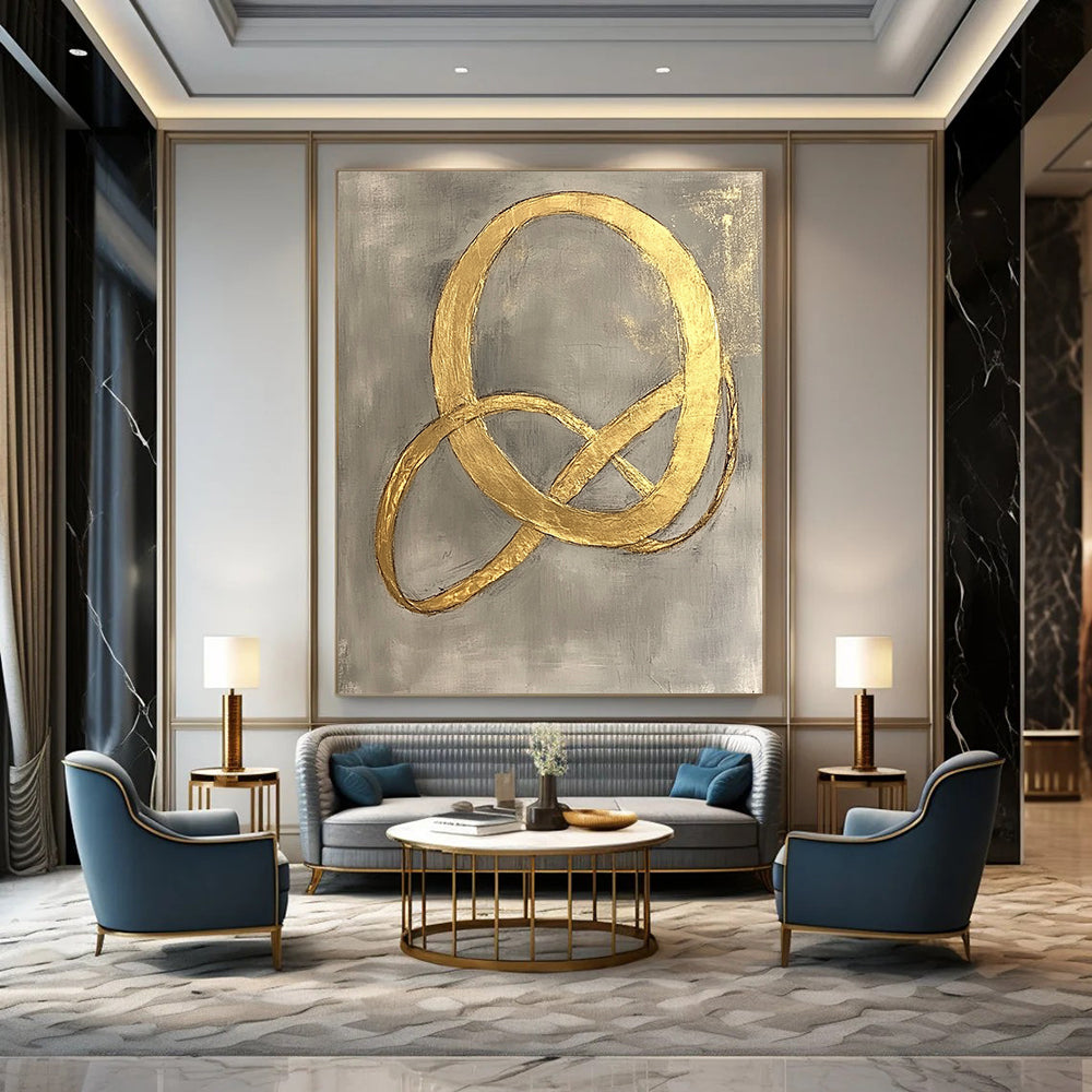 Contemporary hand-painted abstract art features intertwined shapes with elegant curves and delicate gold foil on a light gray background. DLZ1577