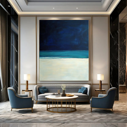 Contemporary hand-painted abstract art featuring a serene white sand beach under a dark blue sky, inspired by the style of Mark Rothko. DLZ0405